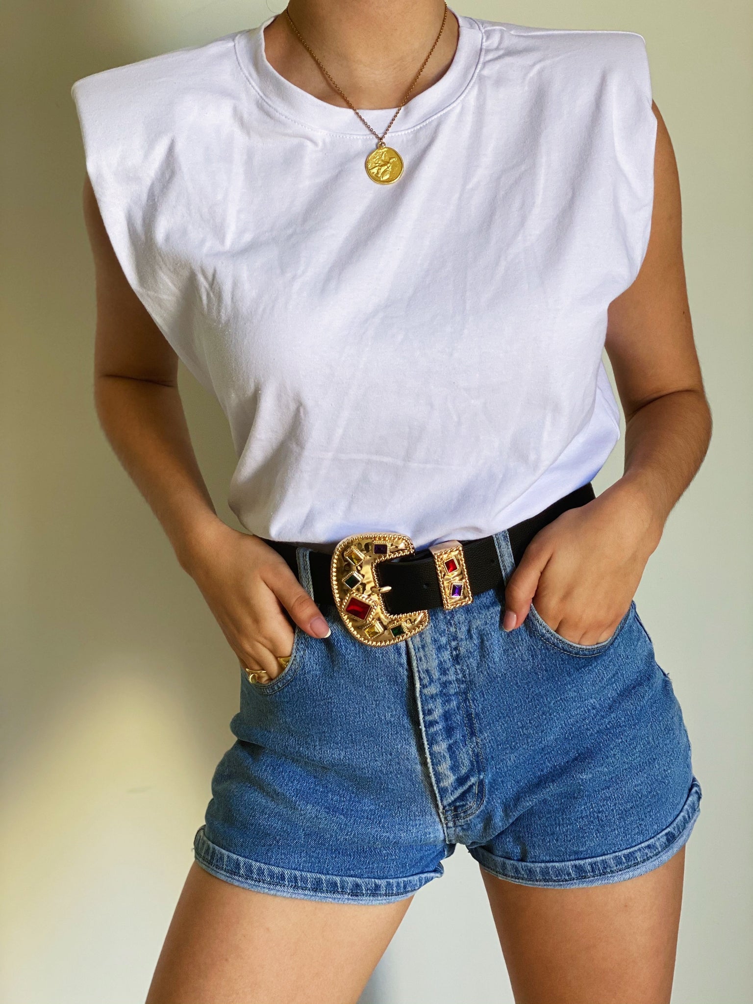 White Muscle Tee with Drawstring