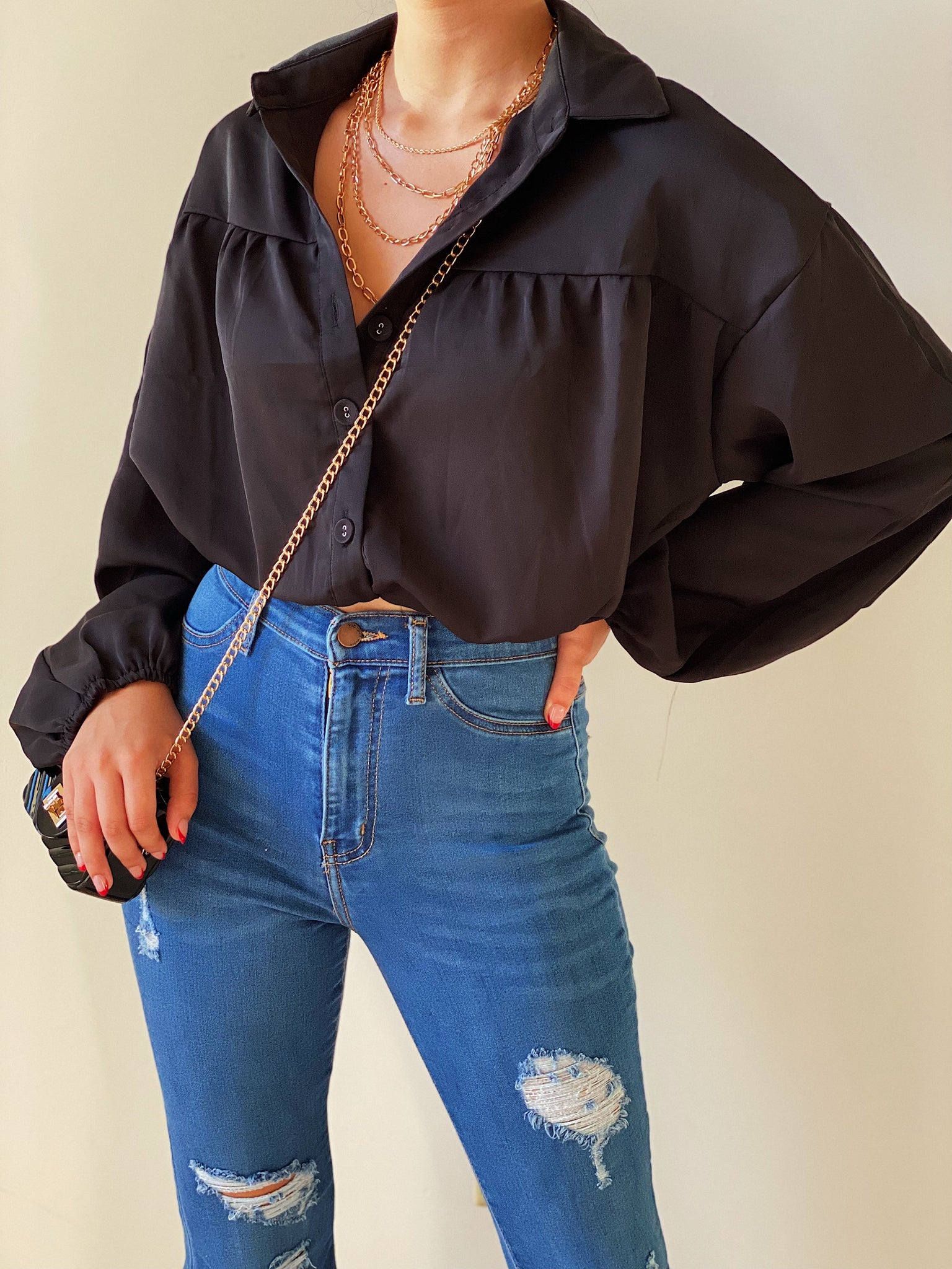 Puffy Sleeves Drawstring Top in Black