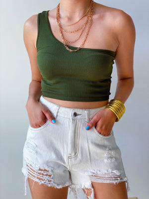 Basic One Shoulder Crop Top in Green