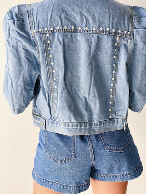 Cropped Denim Jacket with Pearls