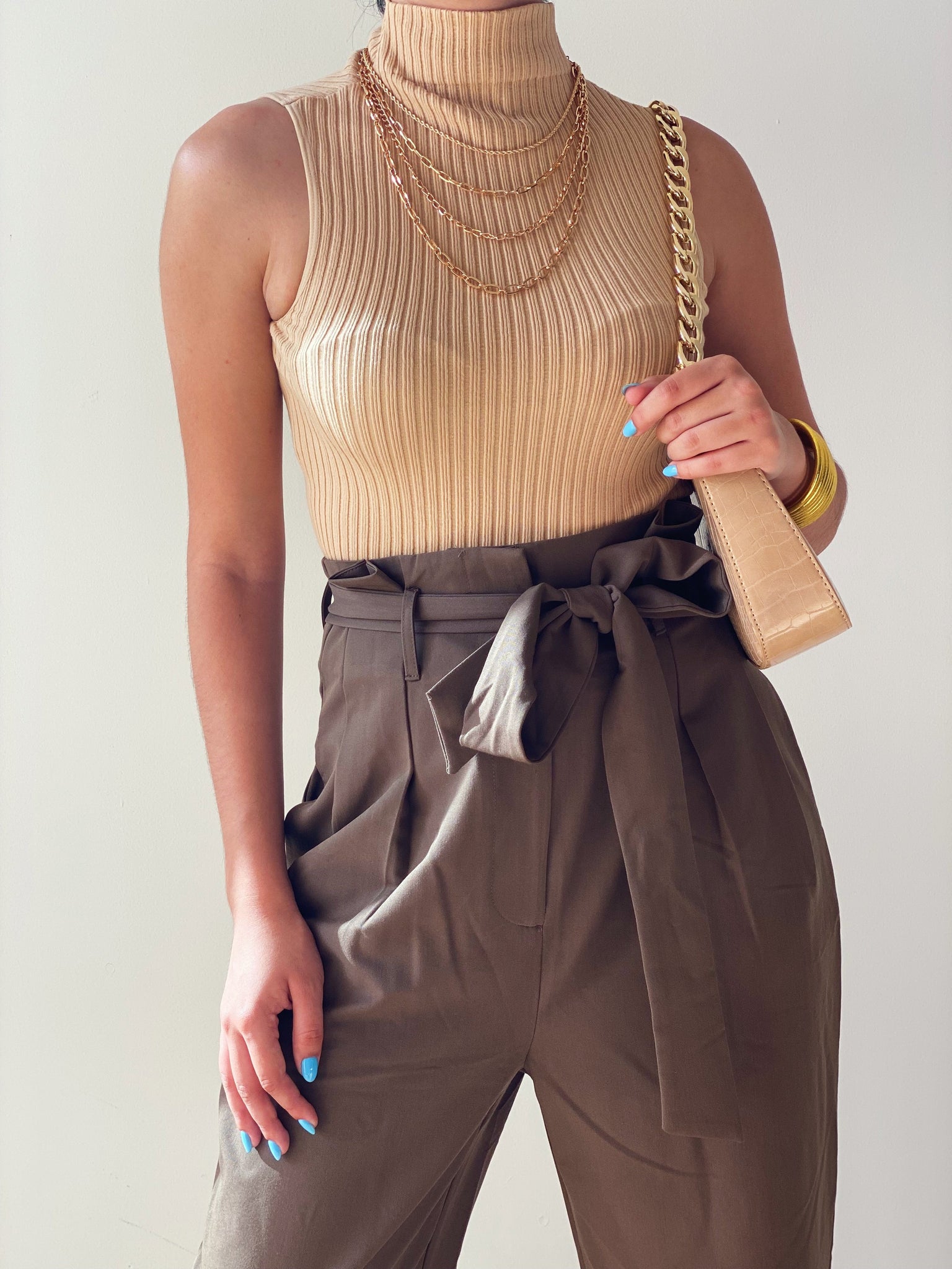 Ribbed High Neck Camel Top