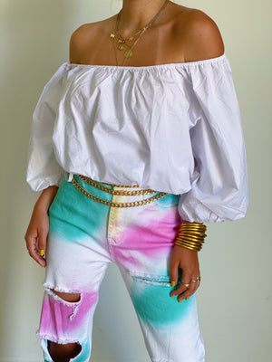 White Drawstring Off Shoulder Blouse