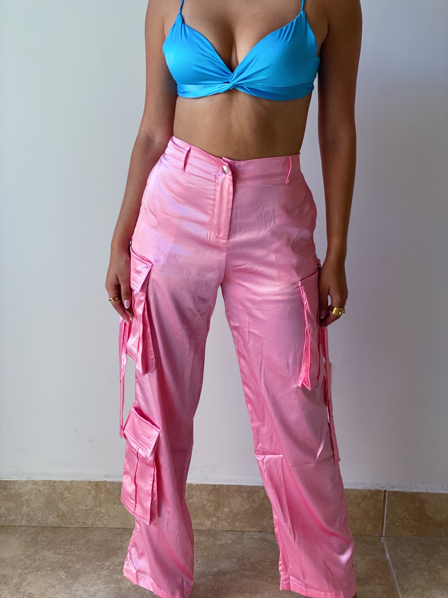 Silk Cargo Pants in Pink