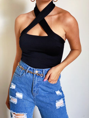 Cross Neck Ribbed Crop Top in Black