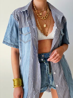 Oversized Denim & Stripes Top