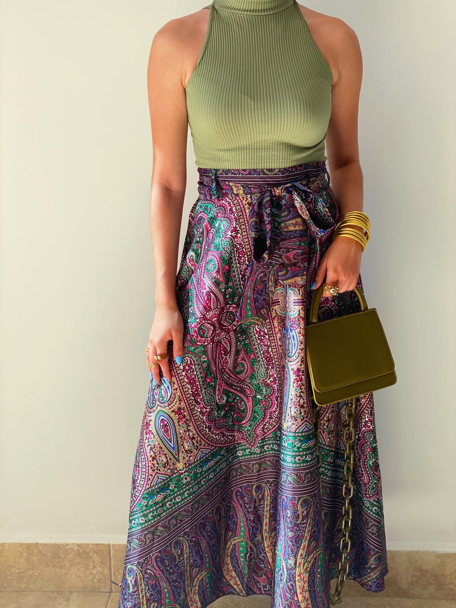 Aria Boho Satin Skirt in Green