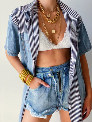 Oversized Denim & Stripes Top