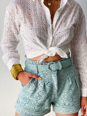 Lace Belted Shorts in Sage