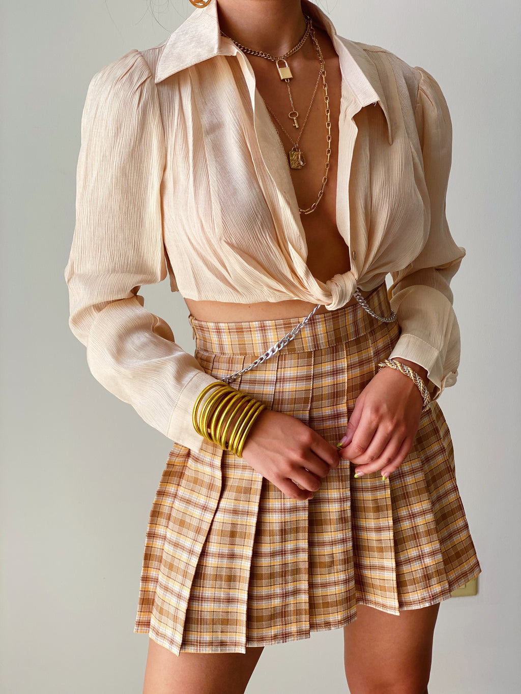 Plaid Pleated Skirt in Beige