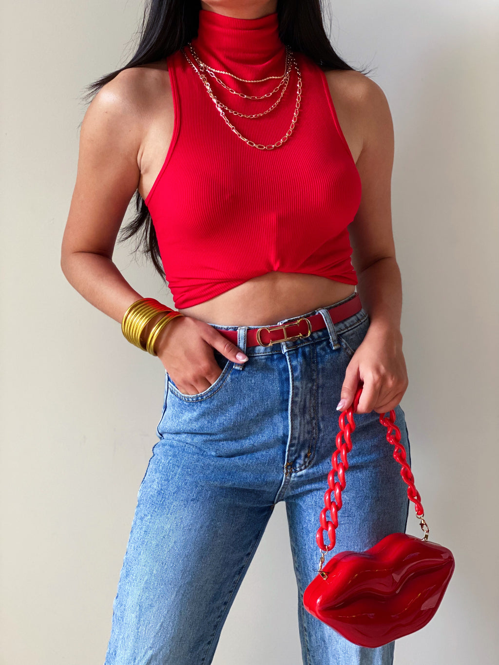 Basic High Neck Top in Red