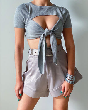 Noah Satin Belted Shorts in Grey