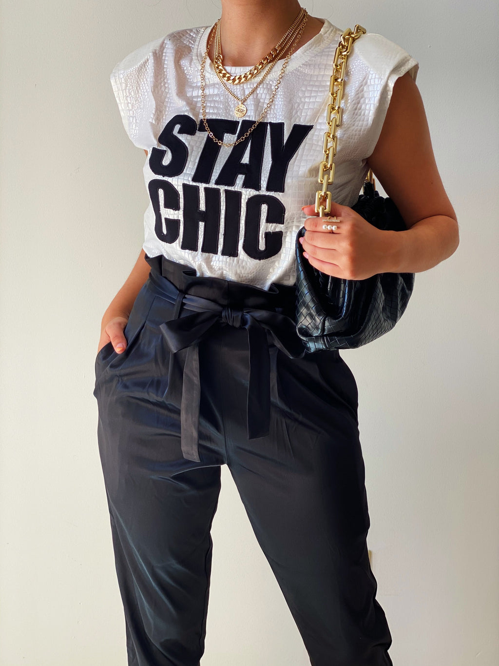 High Waisted Black Satin Trousers