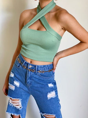 Cross Neck Ribbed Crop Top in Sage