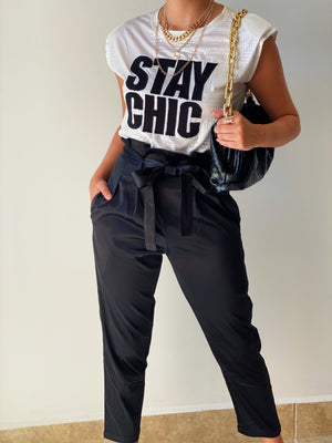 High Waisted Black Satin Trousers