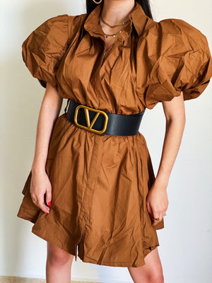 Puffy Sleeves Camel Dress