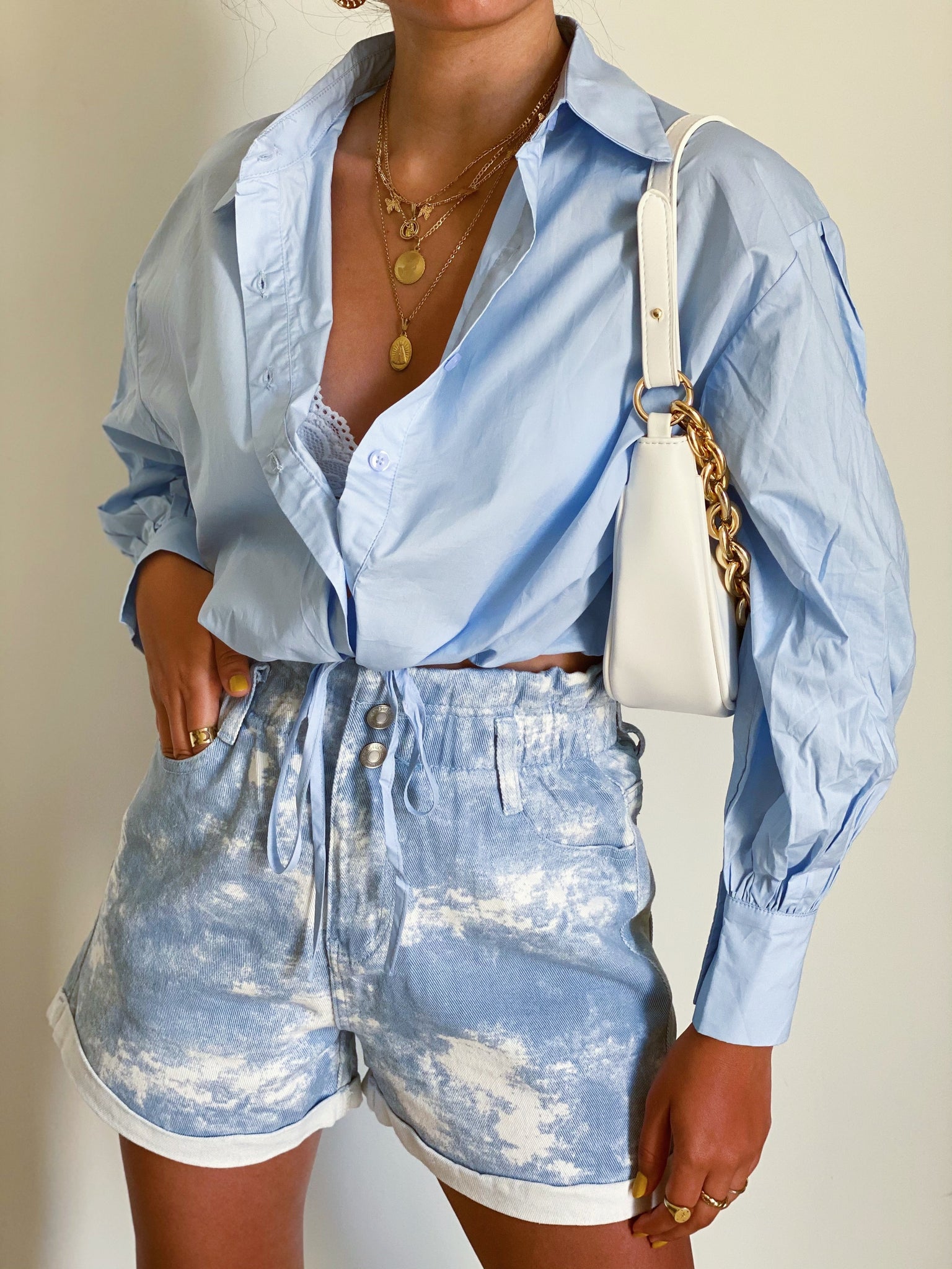 Sky Blue Tie Dye Paper Bag Shorts