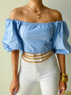 Sky Blue Puffy Sleeves Crop Top