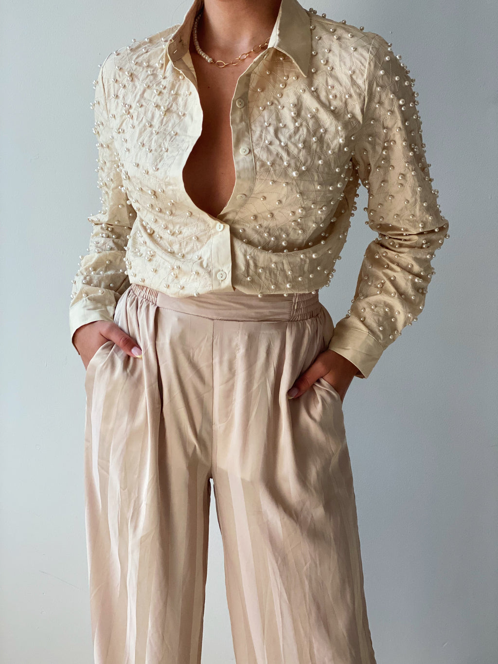 Leighton Pearl Blouse in Beige