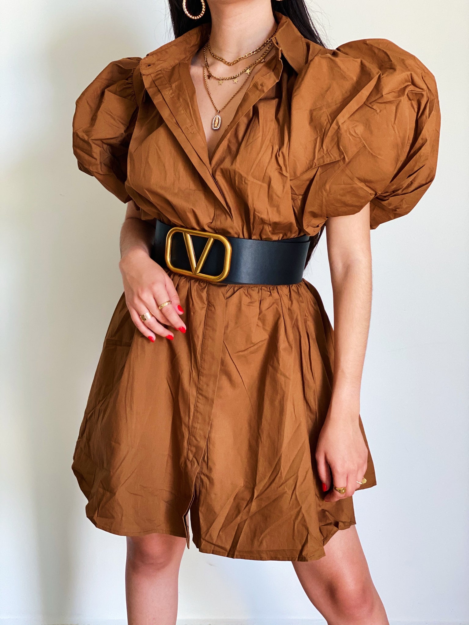 Puffy Sleeves Camel Dress