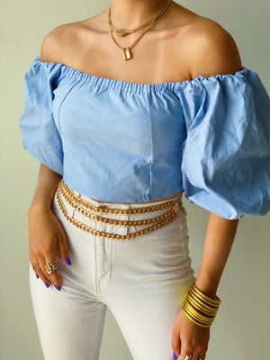 Sky Blue Puffy Sleeves Crop Top