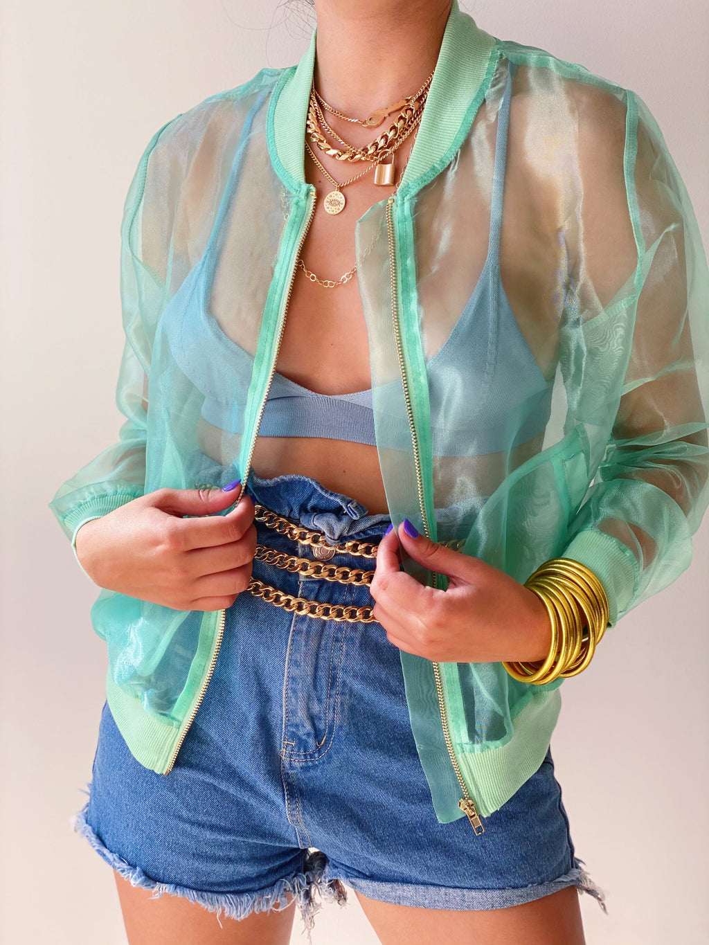 Organza Bomber Jacket in Aqua