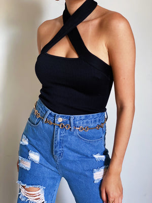 Cross Neck Ribbed Crop Top in Black