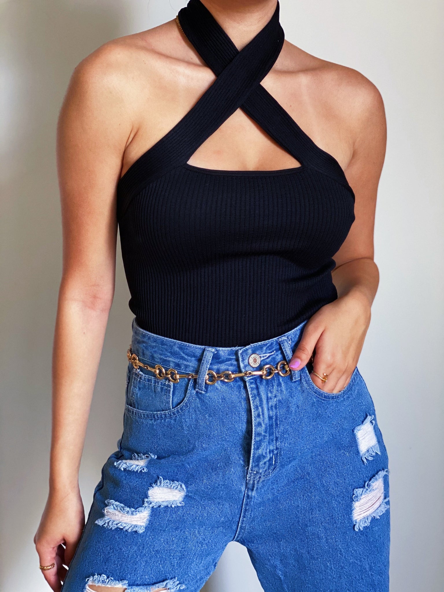 Cross Neck Ribbed Crop Top in Black