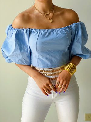 Sky Blue Puffy Sleeves Crop Top