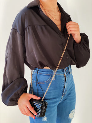 Puffy Sleeves Drawstring Top in Black