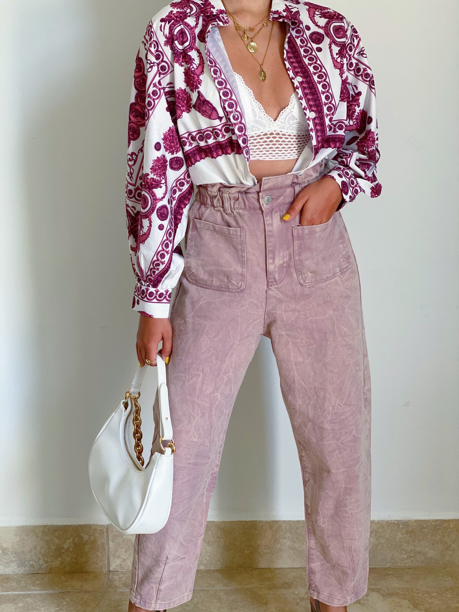 Paper Bag Mom Jean in Pink