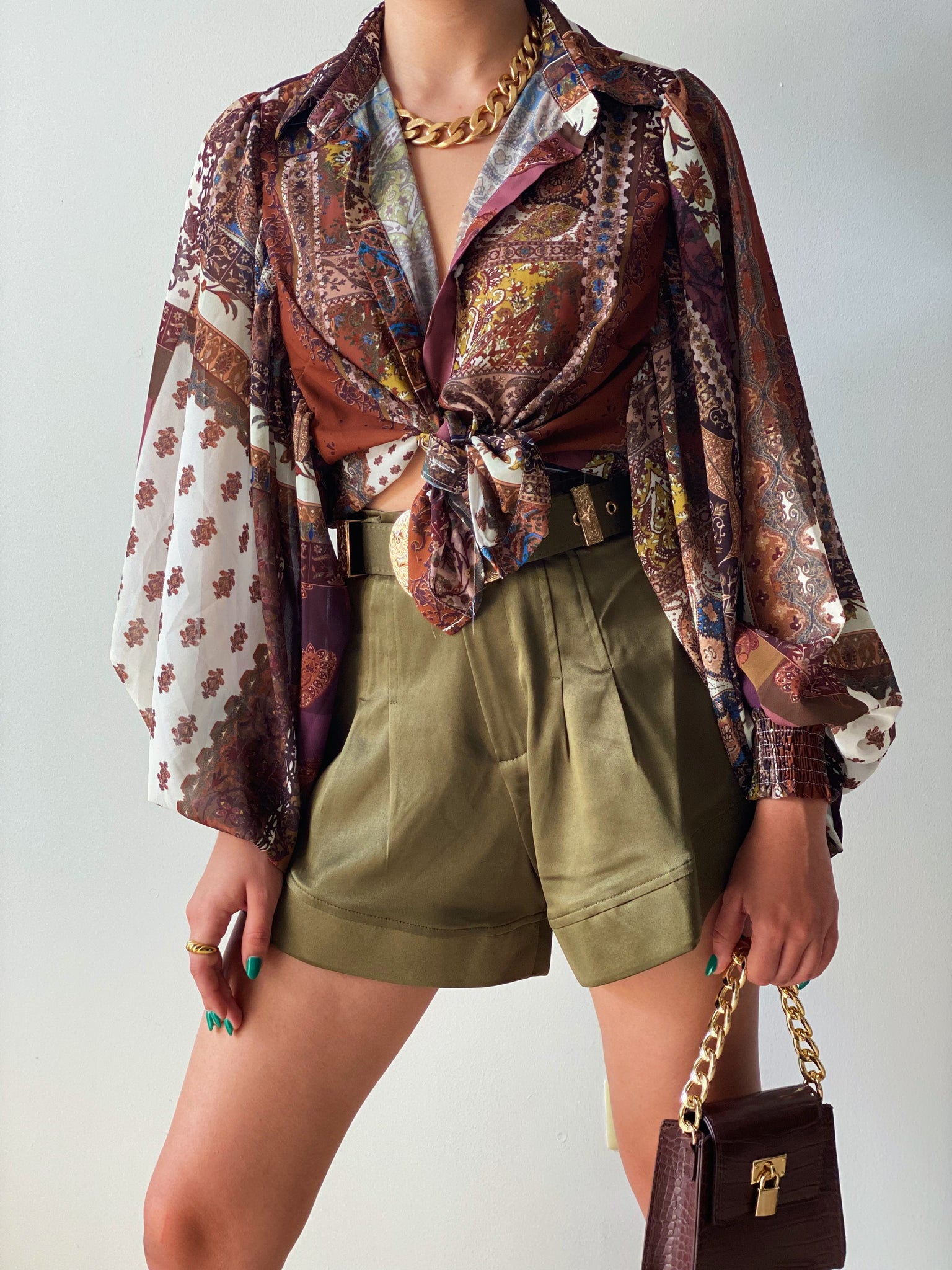 Noah Satin Belted Shorts in Olive