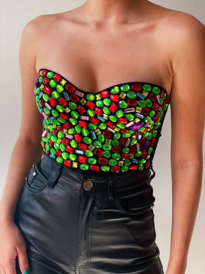 Green and Red Rhinestones Corset