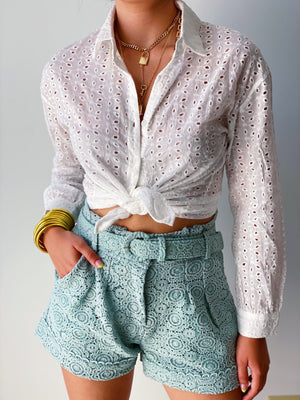 Lace Belted Shorts in Sage