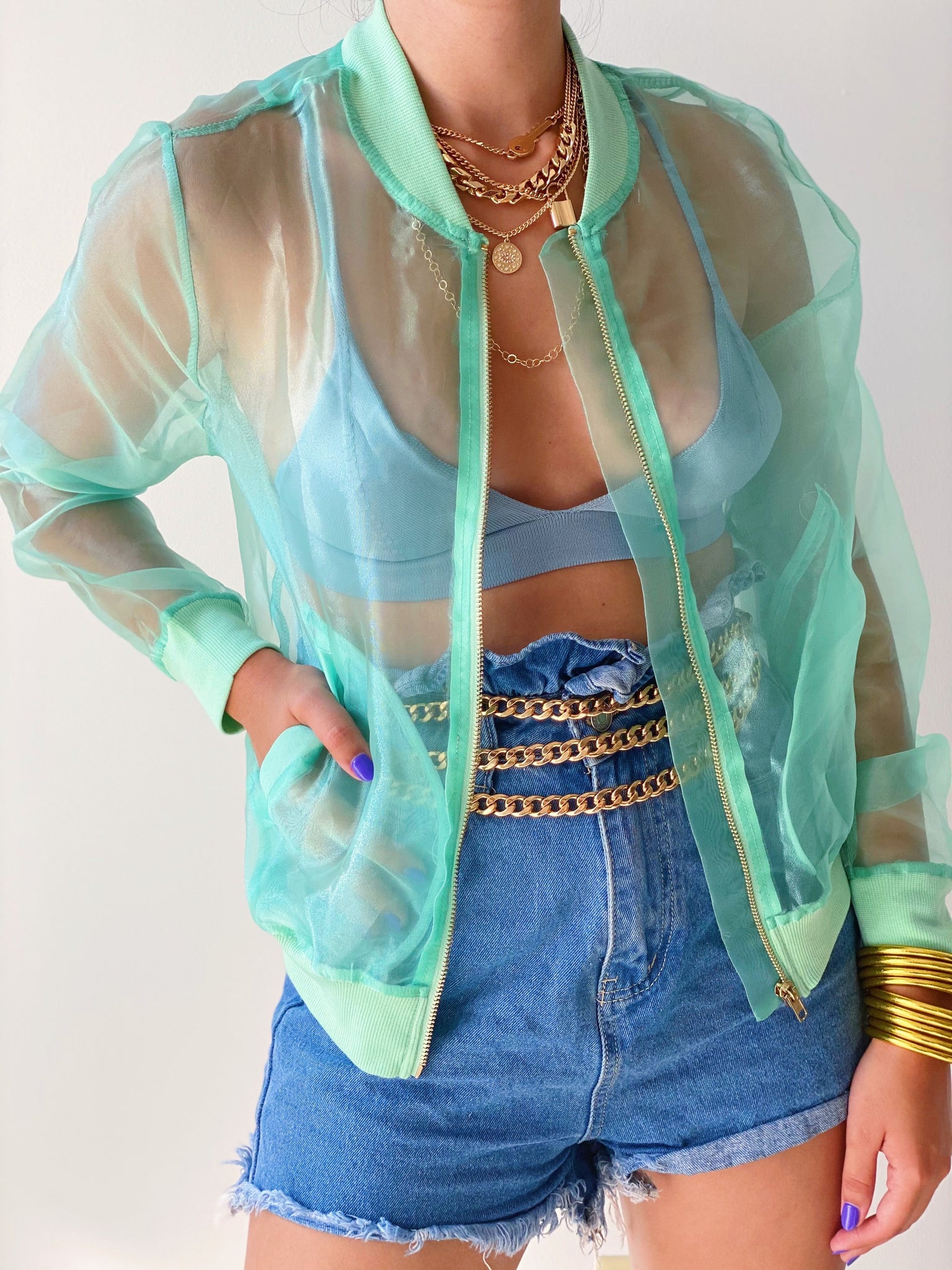 Organza Bomber Jacket in Aqua