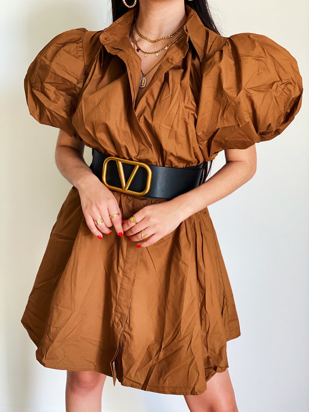 Puffy Sleeves Camel Dress